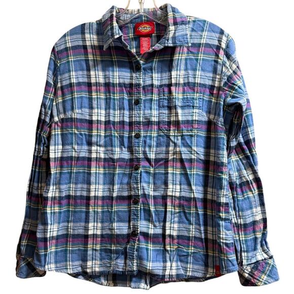 Y2K Dickies Blue and Pink Plaid Long Sleeve Button Up Flannel Shirt Size Medium - Picture 1 of 7